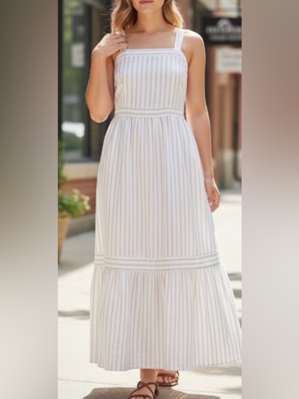 LOFT Shimmer Striped Linen Blend Square Neck Maxi Dress Size 6